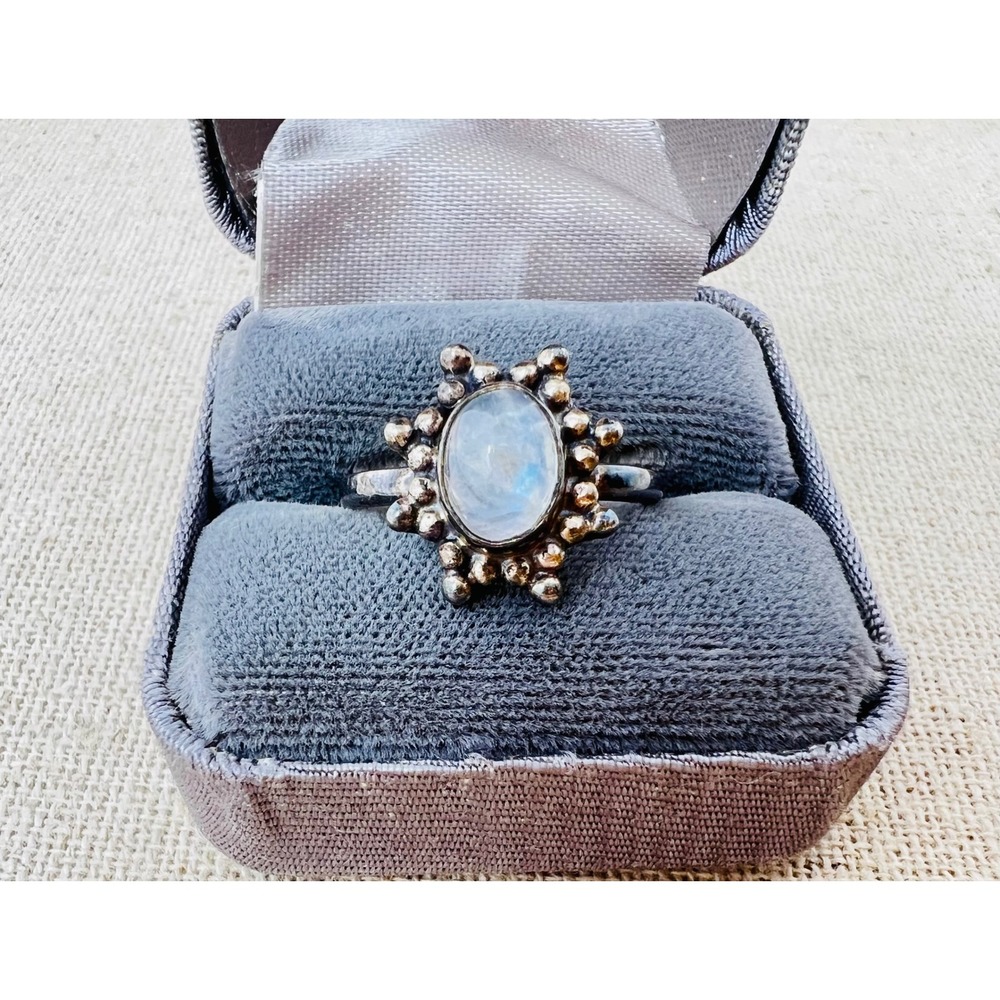 Sterling Silver 925 Moonstone Sunburst Ring Oval Cabochon Statement Ring Size 9